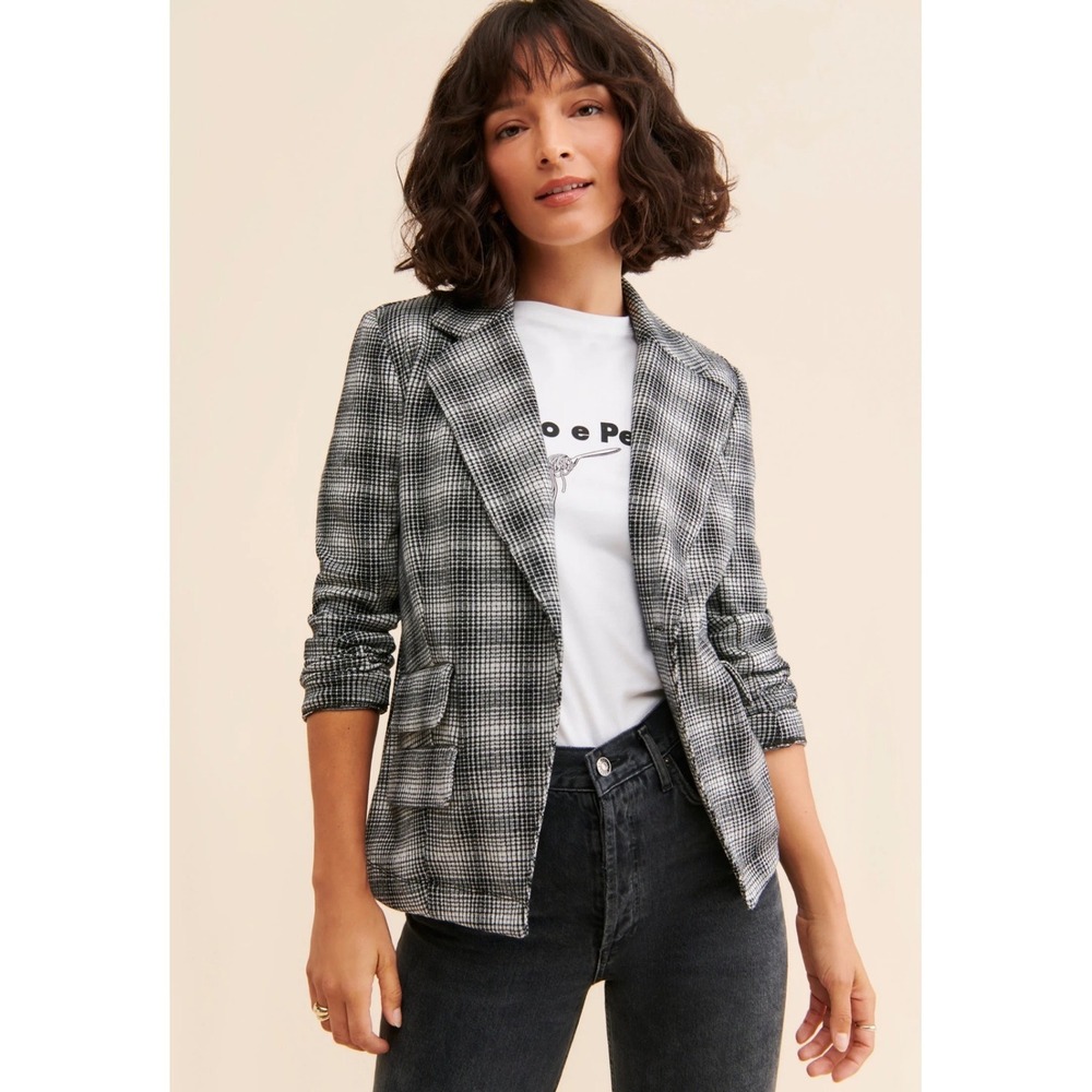 Anthropologie Maeve Collegiate‎ Plaid Blazer Jacket Womens Size Large Grey Black
